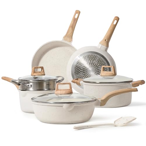 CAROTE Pots and Pans Set Nonstick, White Granite Induction Kitchen