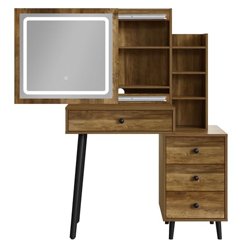 HEYNEMO Makeup Vanity Table with Sliding Lighted Mirror, Dressing Table