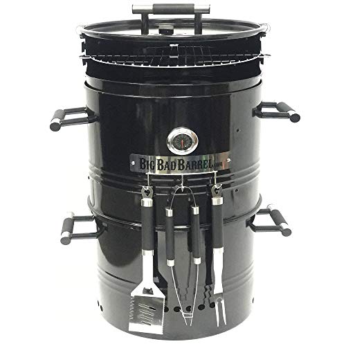 EasyGoProducts Big Bad Barrel Pit Charcoal Barbeque 5 in 1 Can be Used as a Smoker Grill BBQ, Pizza Oven, Table & Fire Pit.18-Inch Diameter-3 pcs Tool, Set