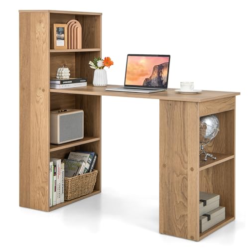 Tangkula Computer Desk with Bookshelf, Writing Study Desk with Storage