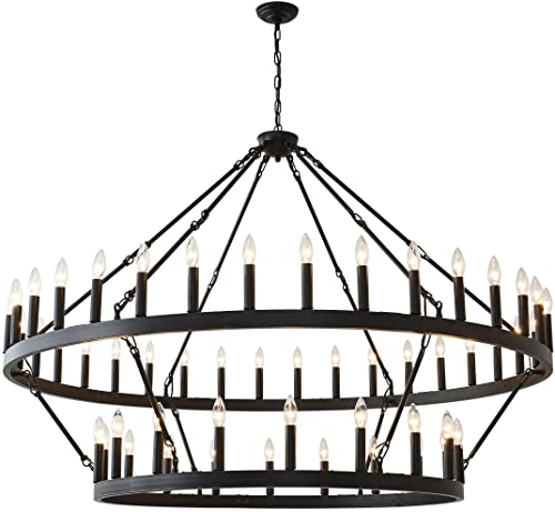 JKLX 60 Inch Large Black Wagon Wheel Chandelier,2 Tier 54-Lights