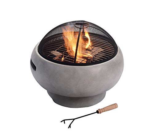 Peaktop HR17501AB Concrete Round Charcoal and Wood Burning Fire Pit for Outdoor Patio Garden Backyard with Spark Screen, Fireplace Poker, Grate, and BBQ Grill, 22 inch Length, Light Gray, 22