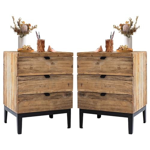 Wnutrees Farmhouse Nightstand Solid Wood Bedside Table with 3-Drawers Bedside