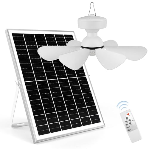 Solar Rechargeable Ceiling Fan with Light, 25W Solar Panel Powered