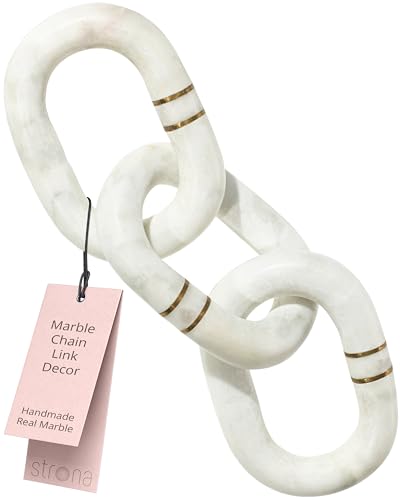 STRONA 13" White Marble Chain Link Decor with Brass Detail