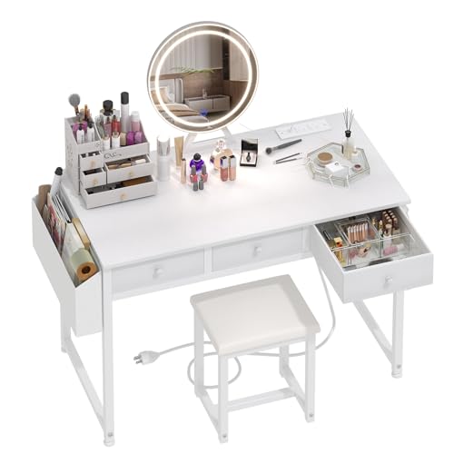 Lufeiya White Makeup Vanity Desk with Mirror and Lights, 40