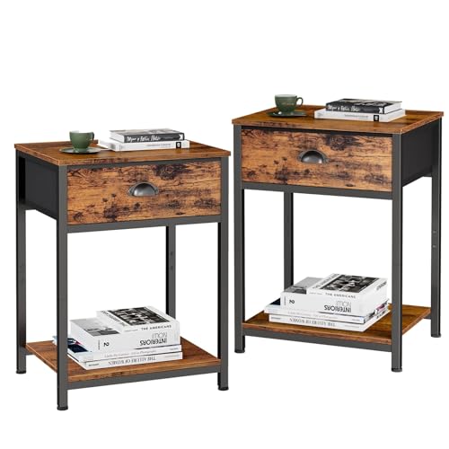 Nightstands Set of 2, Industrial End Table with Fabric Drawer