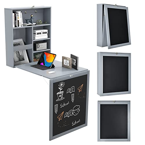 Tangkula Folding Wall Mounted Desk, Floating Desk with Chalkboard, Space