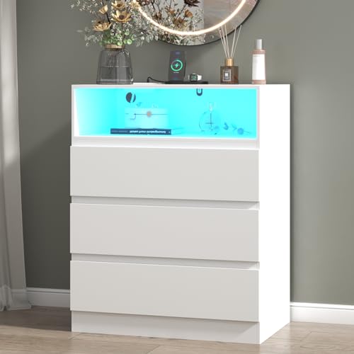 Gyfimioe 3 Drawer Dresser with Power Outlet, White Dresser Chest