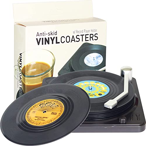 Funny Retro Record Coasters for Drinks with Vinyl Player Holder