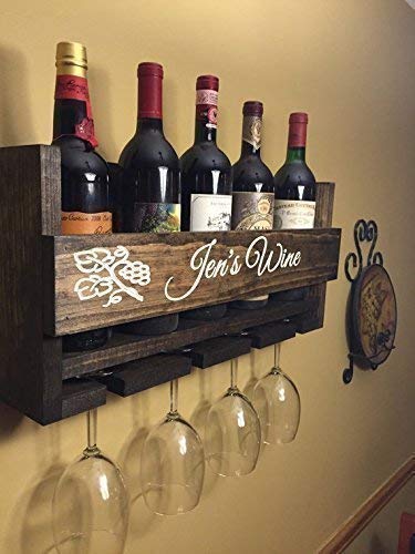 Custom Name Personalized Wine Rack Engraved Carved Custom Rustic 6 Bottle Wall Mount Wine Rack with 4 Glass Slot Holder, Wall Decor, Primitive, Handmade, Vintage, Wine Rack