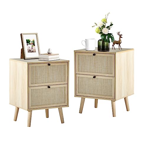 Rattan Nightstand Set of 2, End Table Rattan Bedside Table