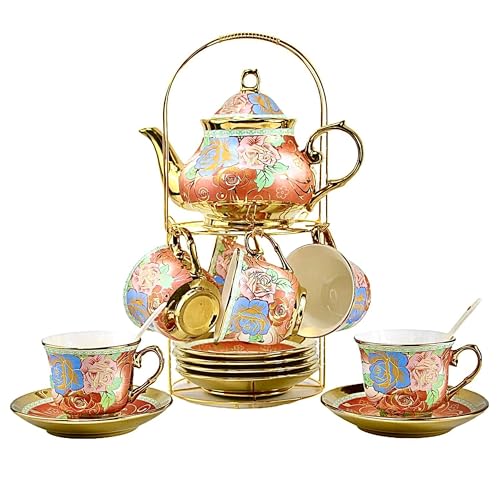 20 Pieces Porcelain Tea Set With Metal Holder, European Ceramic