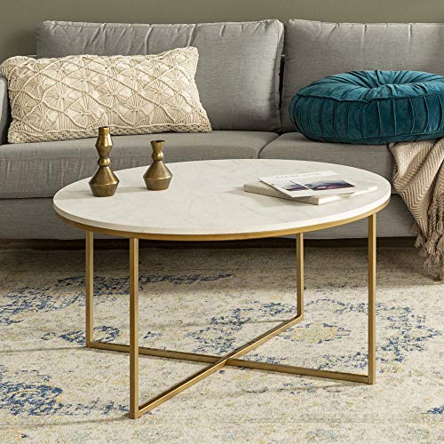Walker Edison Furniture Company Modern Round Coffee Accent Table Living Room, Marble/Gold