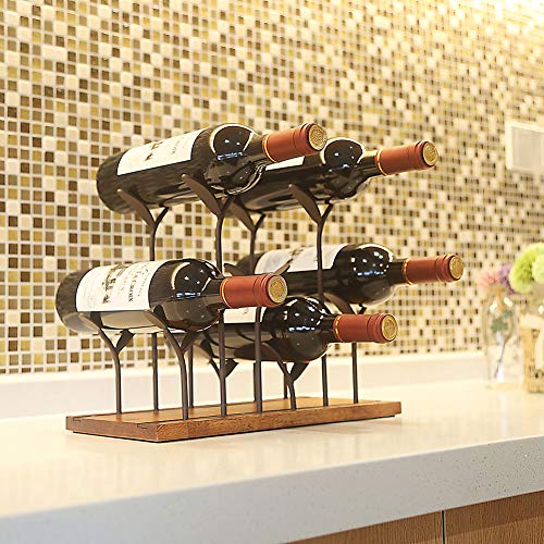 STONE Countertop Bottle Rack, Tabletop Wood Bottle Holder, Hold 6 Bottles, Perfect for Home Decor & Kitchen Storage Rack, Bar, Cellar, Cabinet, Pantry, etc, Wood & Metal (Bronze)