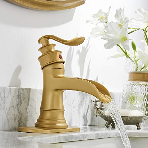 Bathroom Faucet Brushed Gold Brass Waterfall Sink Single Hole Vanity with Pop Up Drain Basin Bath Faucets Centerset with Overflow One Handle Lavatory Mixer Tap Supply Line Lead-Free by Homevacious