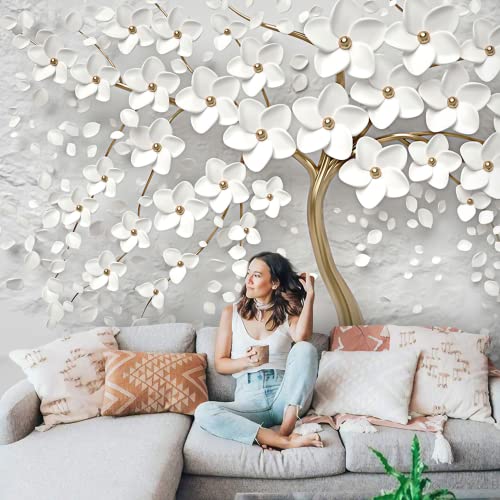 Muravie 3D Gold Tree Floral, White 3D Floral Wall Mural,