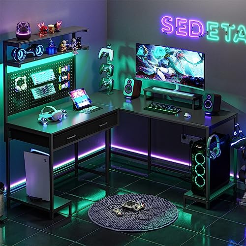 SEDETA L Shaped Gaming Desk with LED Lights, Pegboard and