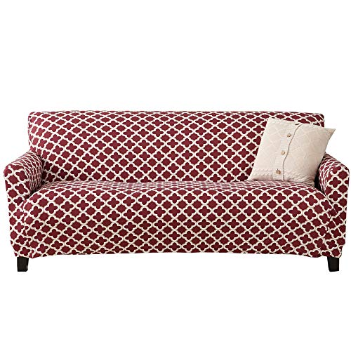 Printed Twill Sofa Slipcover. One Piece Stretch Couch Cover. Strapless Sofa Cover for Living Room. Fallon Collection Slipcover. (Sofa, Burgundy)
