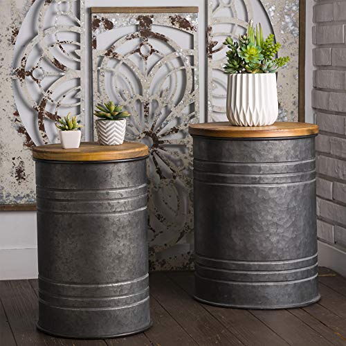 Glitzhome Rustic Storage Bins Accent End Table Home Furniture Galvanized Metal Stool Ottoman Seat with Round Wood Lid Set of 2