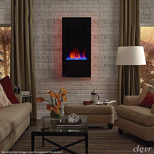 Clevr 32" Vertical Wall Mounted Fireplace Heater, with Adjustable LED Back Light Colors, Modern Black Electric Heat with Decorative Crystals, CSA and UL Certified, 1500W