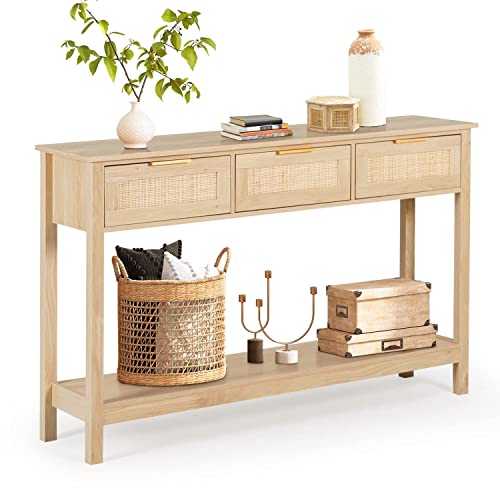 LAZZO Rattan Console Table Boho Entryway Table Narrow Long Sofa