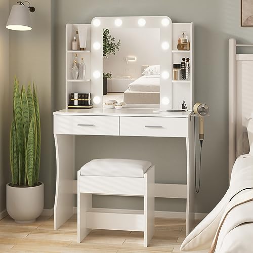 Vanity Desk with Lights,Makeup Vanity with Power Strip,Dressing Table Set