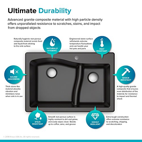 Kraus Quarza Kitchen Sink | 33-Inch 60/40 Bowls | Black Granite | KGD-442 model