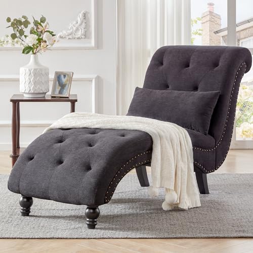 DIFUY Tufted Soft Chaise Lounge Indoor, Linen Rivets Chaise Lounge