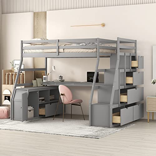 BIADNBZ Twin Size Loft Bed with Stairs and Long Desk,
