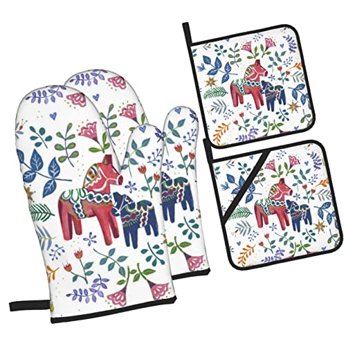 Floral Swedish Dala Horse Oven Mitts and Pot Holders Sets