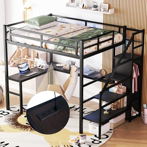 Full Size Loft Bed with Desk and Storage Stairs, LED