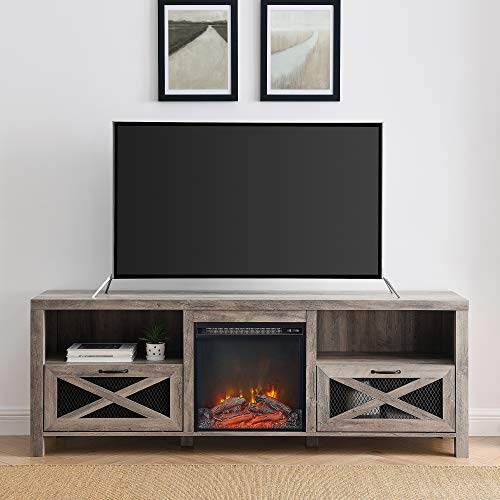 Walker Edison Calgary Industrial Farmhouse X-Drawer Metal Mesh and Wood Fireplace TV Stand for TVs up to 80 Inches, 70 Inch, Grey Wash