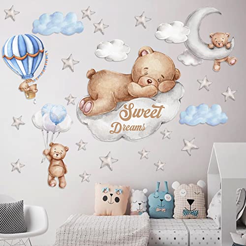 Tedy Bear Sleeping on The Moon and Stars Wall Stickers