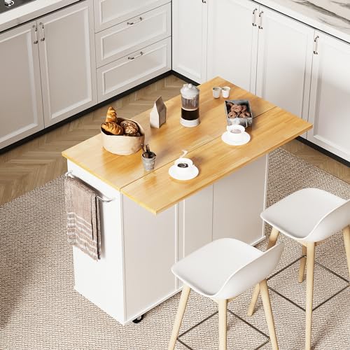 Shintenchi Rolling Kitchen Island Cart with Folding Drop Leaf Breakfast