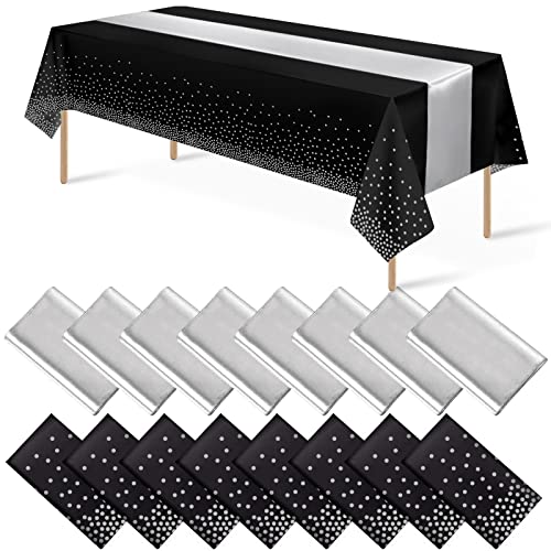 16Pack Disposable Plastic Tablecloths and Satin Table Runner Set Black