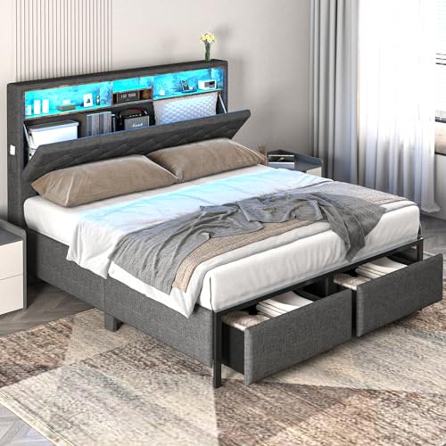 CIKUNASI LED Bed Frame Queen Size with Headboard, Queen Platform