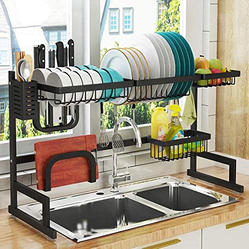 Over Sink(32”) Dish Drying Rack, 2 Cutlery Holders Drainer Shelf for Kitchen Supplies Storage Counter Organizer Stainless Steel Display- Kitchen Space Save Must Have (Sink size ≤ 32 1/2 inch, black)