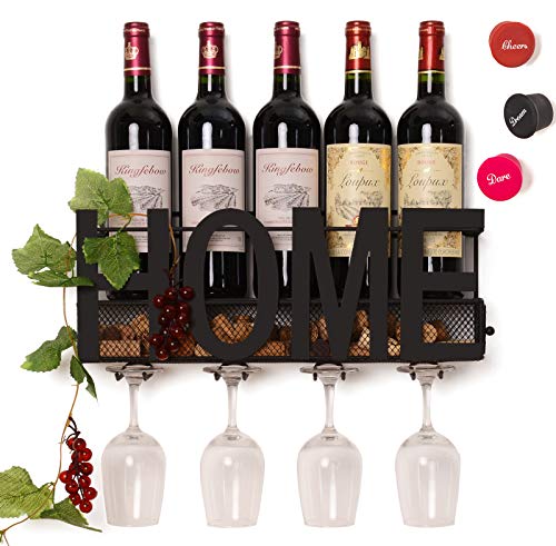 SODUKU Wall Mounted Metal Wine Rack 4 Long Stem Glass Holder & Wine Cork Storage