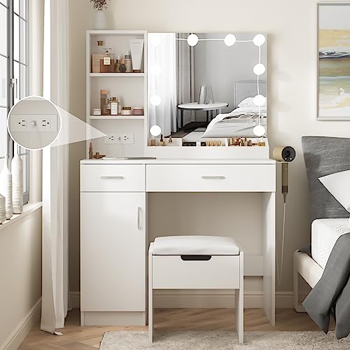 Fameill Makeup Vanity Desk with Lighted Mirror & Power Strip,White