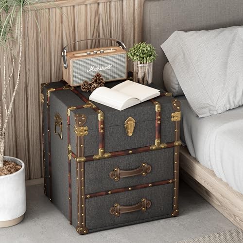 Aoikax Vintage Storage Chest with Buckle Hinged Top, Linen Accent