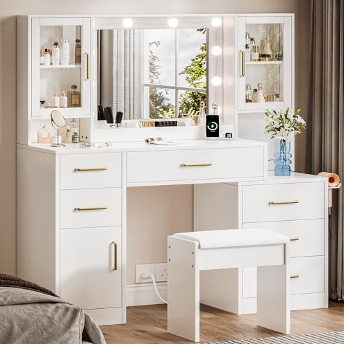 UGTOO Vanity Desk with Mirror and Lights & Charging Station,