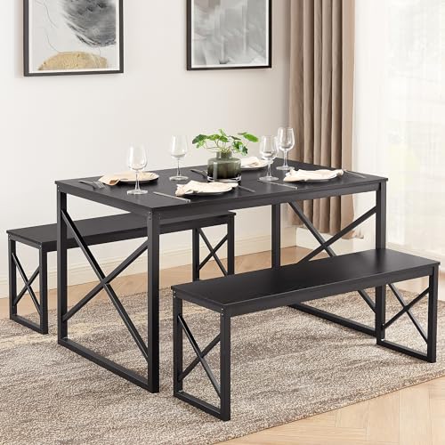 VECELO Kitchen Table with 2 Benches for 4, Wood Dining