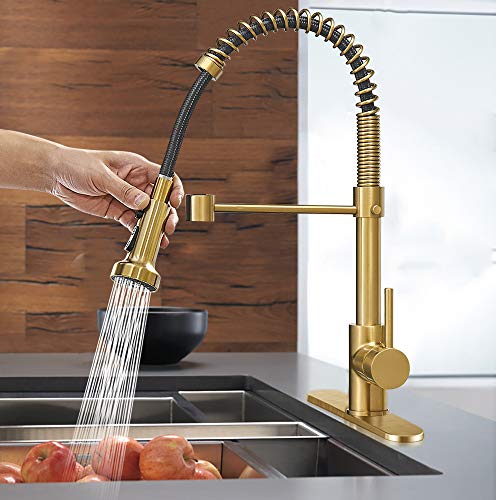 Hoimpro Brushed Gold High Arc Spring Kitchen Faucet with Pull Down Sprayer, Commercial Rv Single Lever Kitchen Sink Faucet ,3 Function Single Handle Laundry Faucet, Brass / Brushed Gold (1 or 3 Hole)