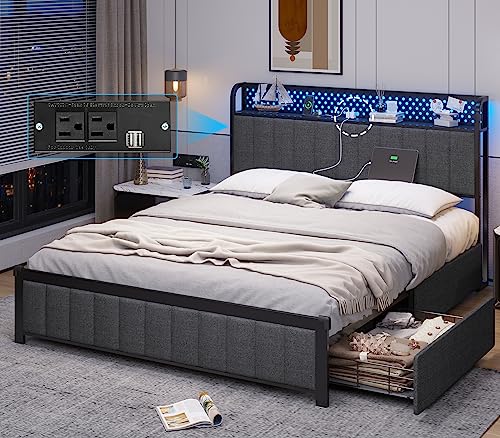 BTHFST LED Bed Frame Queen Size with Storage Drawers, Upholstered