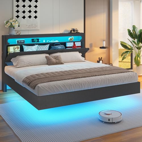 HAUOMS Floating Bed Frame King Size with Type-C Charging Station&
