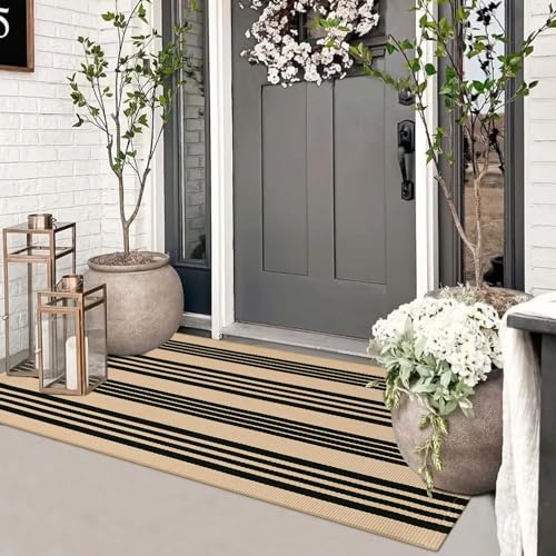 Sungea Striped Outdoor Front Door Mat 24"x51", Cotton Hand Woven