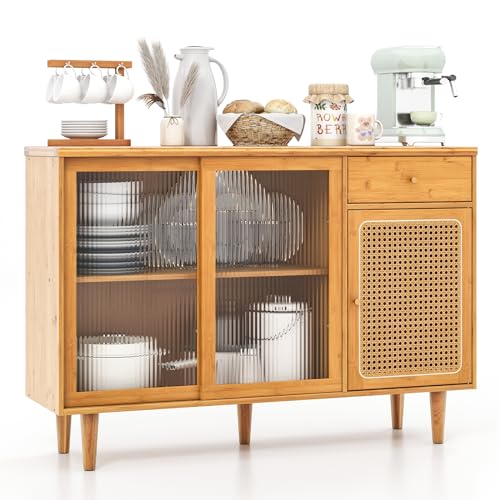 LOKO Buffet Cabinet, Modern Bamboo Sideboard with Tempered Glass Sliding