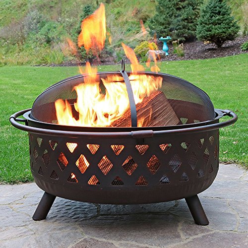 Sunnydaze Crossweave Outdoor Fire Pit - 36 Inch Large Bonfire Wood Burning Patio & Backyard Firepit for Outside with Spark Screen, Fireplace Poker, and Round Cover, Bronze