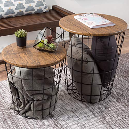 Vintage-Look Wood Veneer and Black Metal Round End Tables